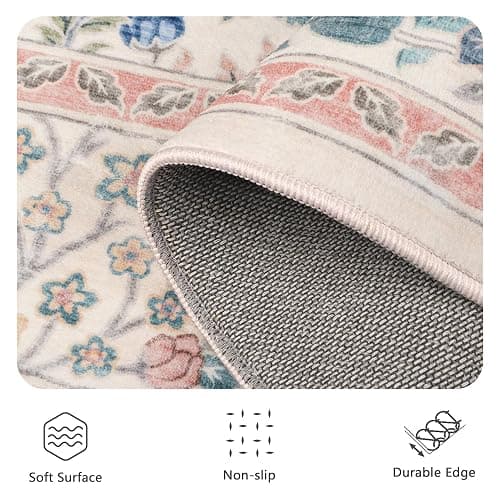 Yarooge 8x10 Area Rugs, Machine Washable Low Pile Floral Rugs for Living Room, Bedroom, Large Boho Area Rug with Non-Slip Backing for Dining Room(Pink Floral) thumbnail 7