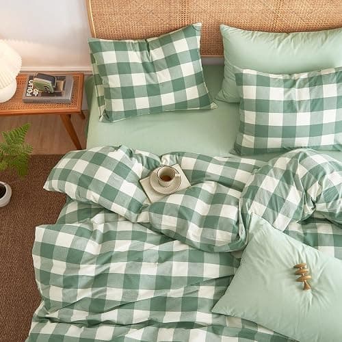 Wake In Cloud - Gingham Cotton Duvet Cover Set, Plaid Buffalo Check Checkered Farmhouse, 100% Washed Cotton Textured Percale Bedding Set, 3 Pieces, Green White, Full Size thumbnail 4