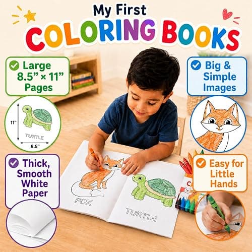 Coloring Books for Toddlers 1-3 with Large Pages & Crayons for Toddlers 1-3, Boys Coloring Book Set Featuring Letters, Numbers, Shapes, Animals & Food Activities, 2 Year Old Workbook Set in Blue Box thumbnail 3