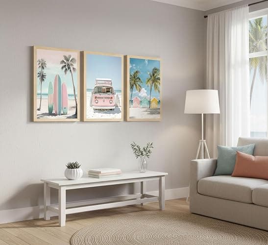 3Pcs Pink Beach Wall Art Tropical Teen Girl Coastal Canvas Poster Print Surfboard Palm Picture Wall Decor for Beach Room Bathroom Living Room Bedroom 12x16in Unframed thumbnail 8