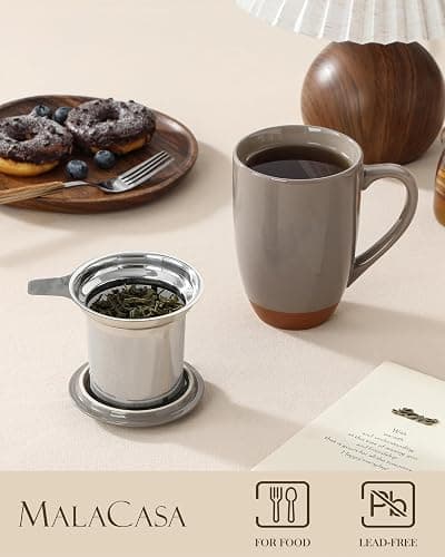 MALACASA Ceramic Tea Mug with Lid and Stainless Steel Infuser, 18 oz Large Tea Cup for Loose Leaf Tea, Heat-Resistant, Microwave & Dishwasher Safe, Speckled Glaze Coffee & Tea Brewer Mug, Khaki Brown thumbnail 2
