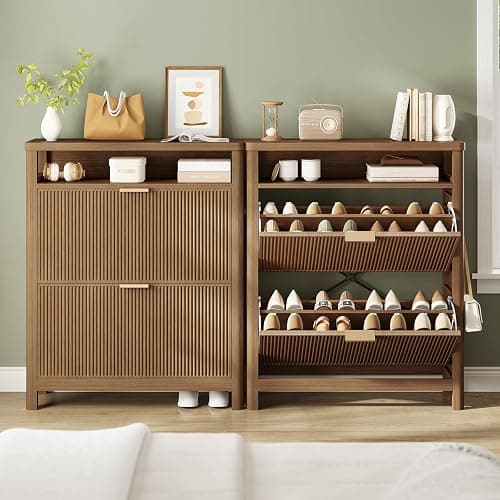 AOGLLATI Shoe Cabinet Storage,Narrow Fluted Shoe Rack Cabinet with 2 Flip Drawers, Wooden Freestanding Organizer with Open Storage Space for Entryway,Wood (Wood) - Wood thumbnail 7