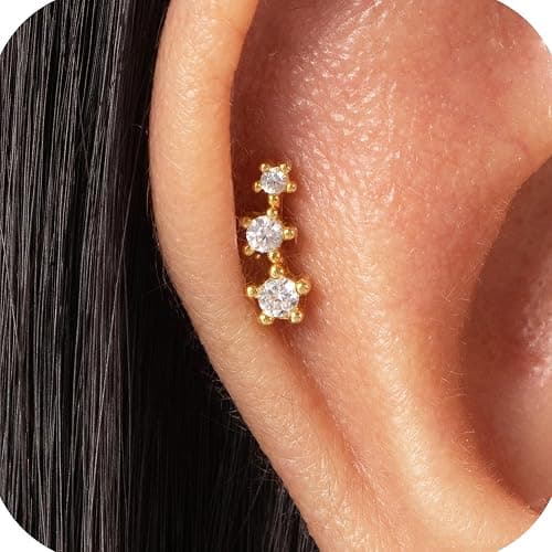 925 Sterling Silver Gold Screw Back Stud Earrings for Women/Girls, Helix Cartilage Tragus Earlobe Conch Piercing Jewelry,20 Gauge,Trio/Bar/Pearl/Butterfly/Leaf/North Star/Flower/Clover/Heart - Image 1