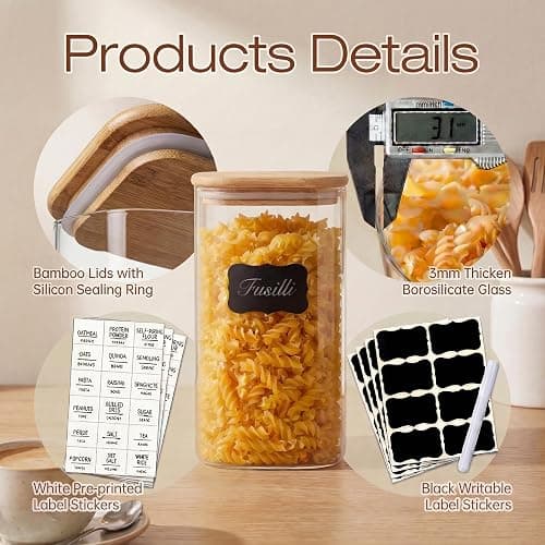 HomArtist Square Glass Jars with Bamboo Lids 79 FL OZ [Set of 3], Glass Canisters with Airtight Lid, Glass Food Storage Containers for Spaghetti, Fettuccine, Linguine,Pasta, Best for Kitchen & Pantry thumbnail 4
