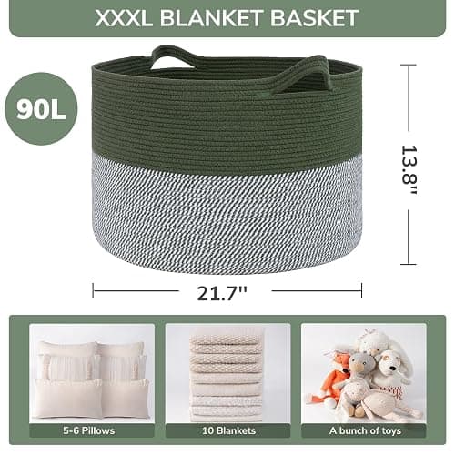 INDRSSME Large Laundry Storage Basket, 21.7 x13. 8 - Decorative Rope Blanket Basket for Organizing Bedroom, Living Room, Nursery, Toy Storage for Colthes Towel, Empty Gift Baskets -Green thumbnail 2