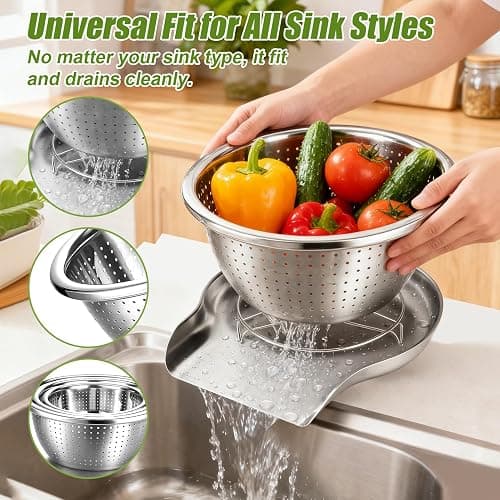Palksky Stainless Steel Colander Set with Self-Draining Base, 3 Sizes Colanders & Food Strainers for Pasta, Rice, Fruits & Veggies, Metal Colander with Draining Plate for Sink or Countertop thumbnail 5