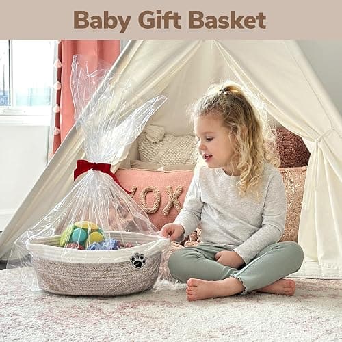 HiChen Dog Toy Basket Small Gift Basket for Baby, 12"x 8" x 5" inches Woven Storage Baskets for Dog Cat, Nursery Storage Baskets for Diapers, Towels, Mixed-Brown thumbnail 4