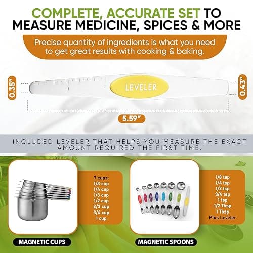 Spring Chef Magnetic Measuring Cups & Spoons Set, Patented, Strong N45 Magnets, Heavy Duty Stainless Steel Fits in Spice Jars for Baking & Cooking, BPA Free, Set of 15 with Leveler, Multicolor thumbnail 7