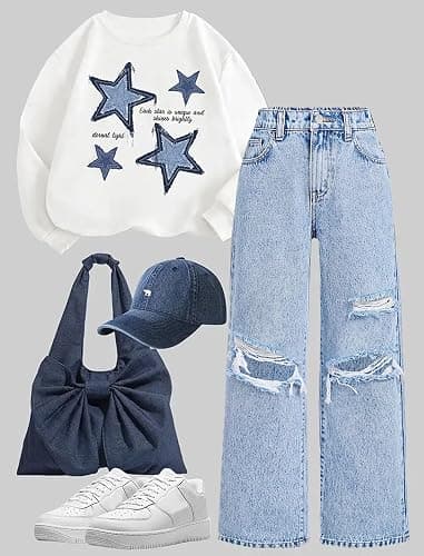 oyyniis Baggy Jeans for Girls Wide Leg Ripped High Elastic Waisted Denim Pants Cute Summer Trousers Y2K Streetwear 7-14Y thumbnail 5