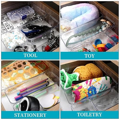 lovehai 7 Pcs Drawer Organiser Set, Makeup Organiser Tray for Drawers, Clear Cosmetics Container Tray for Office, Bedroom, Kitchen, Jewelries and Gadgets thumbnail 7