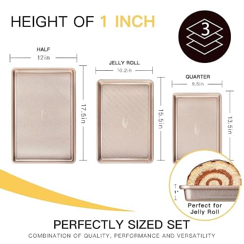 HONGBAKE Baking Sheet Pan Set of 3, Cookie Sheets for Oven, Nonstick Half/Quarter/Jelly Roll Pans with Diamond Texture Pattern, 0.8mm Thick Heavy Duty Cookie Tray, Champagne Gold thumbnail 2