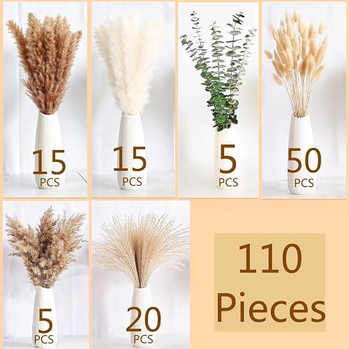 110 PCS of Boho Pampas Grass Decor, Naturally Dried Pompas, Bunny Tails Dried Flowers, and dried eucalyptus. Perfect for Weddings, Boho Party Decorations, and Table Decor. thumbnail 5