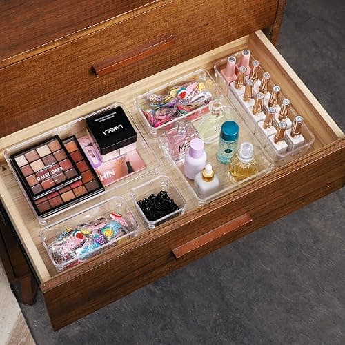 25 PCS Plastic Clear Drawer Organizer Set, 4 Sizes Desk Office Drawer Organizing Trays and Divider,Storage Bins for Makeup,Snack,Jewelry,Kitchen,Bedroom, Bathroom vanity Accessories Containers - Pack of 25 thumbnail 5