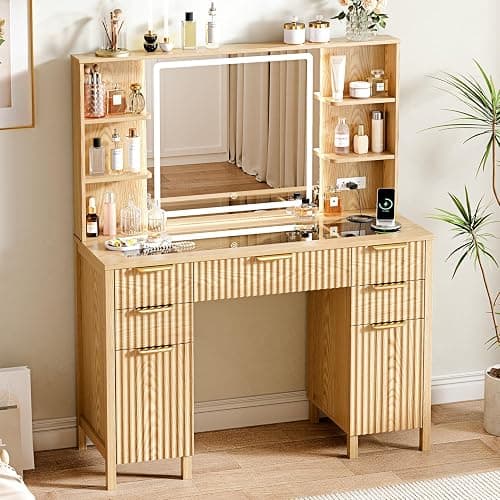 Vanity Desk with Large 27.2" Mirror and Lights 47.2" Fluted Makeup, 5 Drawer Vanity with Power Strip, 4 Open Shelves, 2 Cabinet, Modern Bedroom Vanity Featuring Visual Transparent Glass. Wood thumbnail 9