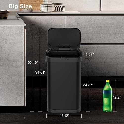 Upella 13 Gallon Stainless Steel Touchless Sensor Trash Can with, Wide Rectangular Design, Brushed Finish – Automatic Lid for Home, Office, Kitchen, Bathroom, and Commercial Use (Black) thumbnail 7
