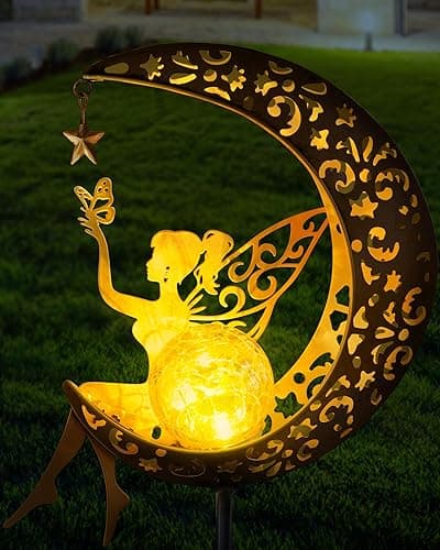 Vuees Solar Garden Statues Outdoor Decor, Fairy Moon Figurine Light Stake, Housewarming Ornament for Patio, Lawn, Yard, Pathway - Unique Gift Ideas for Gardening Mom Grandma