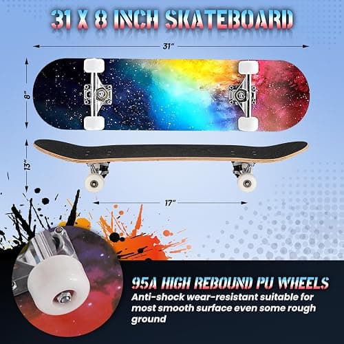 ANYFUN Pro Complete Skateboards for Beginners Girls Boys Kids Youths Teens Adults 31"x8" Skate Boards 7 Layers Canadian Maple Double Kick Deck Concave Longboard thumbnail 2