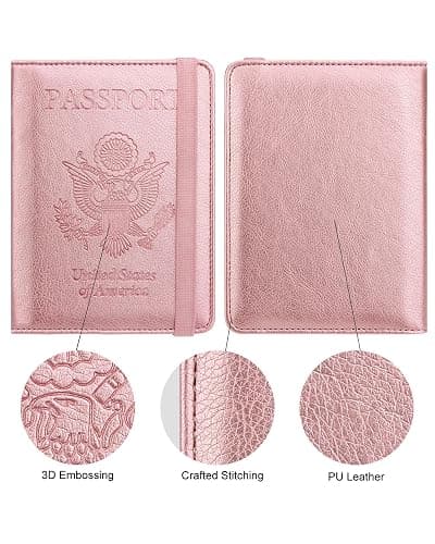 WALNEW Passport Holder for Travel, RFID Passport Cover Wallet for Women Men, PU Leather Passport Book Card Holder Case with Pen (Elastic Band Closure, A-Rosegold) thumbnail 5