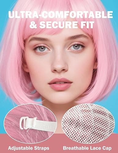 FSLLZCJY Light Pink Bob Wig with Heart Sunglasses - Heat-Resistant, Synthetic Fiber, Adjustable and Natural Looking thumbnail 3