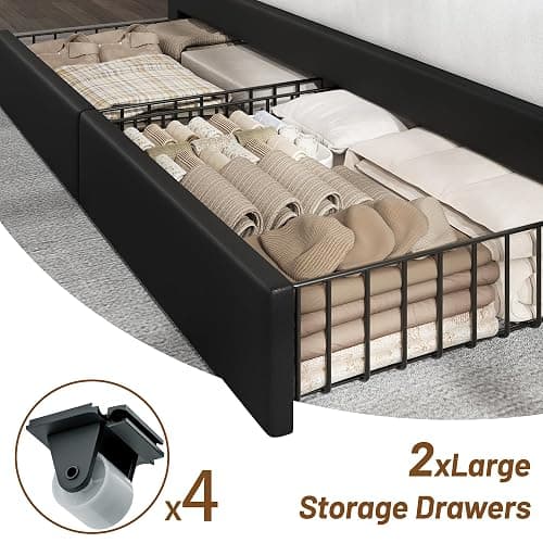 CypBed King Size Bed Frame with Headboard & 4-Storage Drawers, Upholstered | PU Leather Bed Frame with 3 USB & Type-C Charging Ports,Solid Wood Slats,No Box Spring Needed,Noise-Free,Black,Gift thumbnail 5