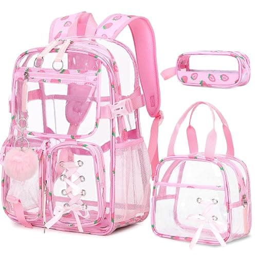 Bevalsa Clear Backpack for Girls, 3PCS Transparent Kids Backpacks for Teens | School Stadium Approved Backpack, Heavy Duty Clear Bookbag with Lunch Bag & Pencil Case for Elementary Middle High School - Image 1