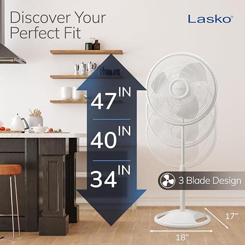 Lasko Oscillating Pedestal Fan - Adjustable to 47" - 2520 - White | Cooling Standing Fan for Bedroom, Living Room, and Home Office, 16" Blade Diameter, 3 Quiet Speeds thumbnail 5