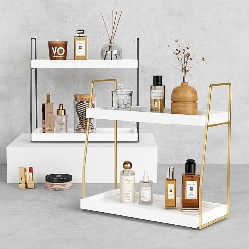 Forbena Bathroom Organizer Countertop, Counter Organizer for Bathroom Decor, Wooden Sink Shelf for Vanity Storage, Makeup Tray for Perfume Skincare Bedroom Kitchen Corner (2 Tier, White and Gold) thumbnail 6