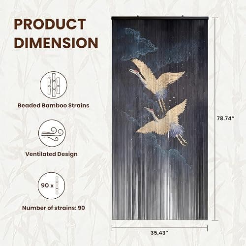 Vietbud Décor Flying Cranes at Night Beaded Curtains for Doorways, Decorative Room, Natural Vietnamese Craft, Indoor Hanging Bamboo Blinds, Sturdy Hook, Easy to Clean, 35.43 x 78.74 Inches thumbnail 3