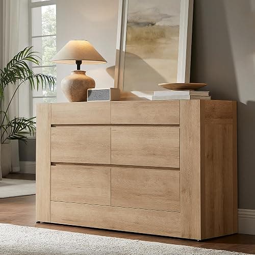 OKD Modern 6 Drawer Dresser with Handle-Free Hidden Drawers, Natural Oak | 54" Wide Bedroom Dresser, Thick Wood Design, Dressers TV Stand, Storage Organizer for Living Room thumbnail 8