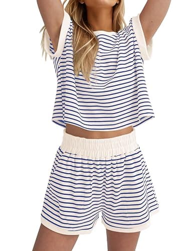 MISSACTIVER 2 Piece Lounge Set Women Stripe Knit Short Sleeve Tee Shirts Shorts Casual Summer Loungewear Shorts Sets - Image 1