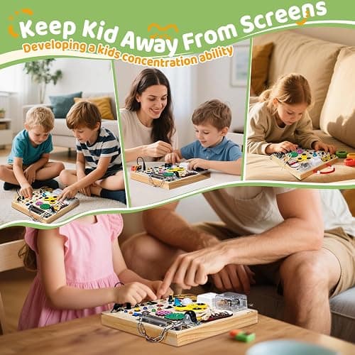 GNAYUIJ Montessori Wooden Busy Board Toys for 1 2 3 Years Old Boys Girls,Toddler Sensory Educational Fidget Board Travel Toy with LED Light Up Switches & Music Boxes, Locks for 1 to 6 Year Kids Gifts thumbnail 3