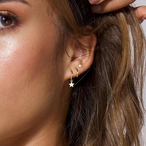 GUOKE 3 Pairs Small Hoop Earring Stacks, 14K Gold/Silver/Black/Rose Gold Plated Pearl Heart Butterfly Bow Star Moon Leaf CZ Hoop Charm Huggie Earrings Trendy Jewelry Gift for Women thumbnail 3