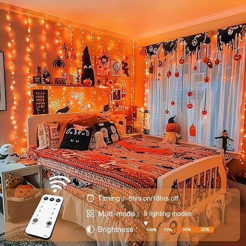 JMEXSUSS 300LED Orange Halloween Lights with Remote, 9.8x9.8ft Halloween Curtain Light, 8 Modes Orange Hanging String Lights Plug in for Fall Bedroom Thanksgiving Window Party Indoor Outdoor Decor thumbnail 8