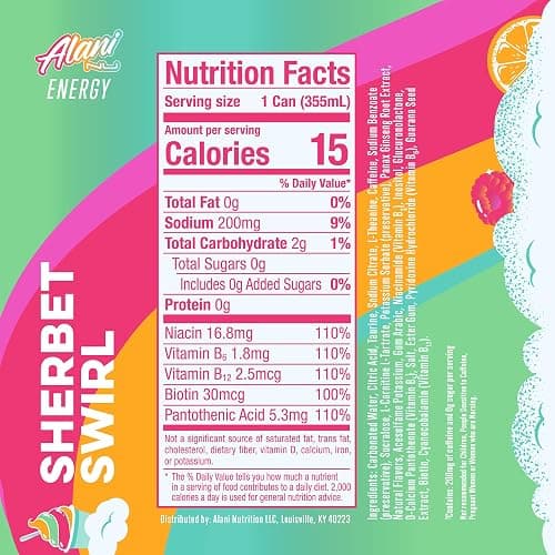 Alani Nu SHERBET SWIRL Sugar Free, Low Calorie Energy Drinks, 200mg Caffeine, Biotin B Vitamins, Zero Sugar, 10 Calories, 12 Fl Oz Cans, 12 Pack thumbnail 2