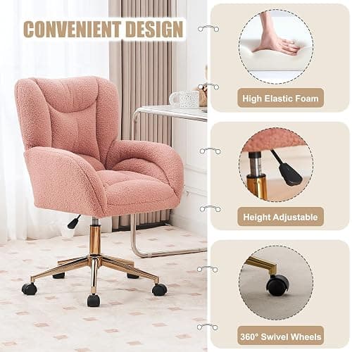 Anewome Swivel Office Desk Chair with Wheels Upholstered Sherpa Desk Modern Armchair Height Adjustable Computer Task Chair Boucle Makeup Vanity Desk with Gold Metal Frame, 38.2" H Pink thumbnail 4
