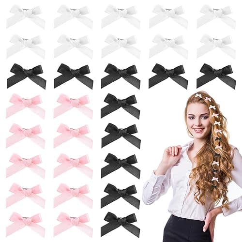 30 Stück Mini Schleife Haarspangen, Süß Haarschleife Haarschmuck Satinschleifen Haarclips Niedlich Einfarbig Hair Accessories Klein Haarklammern für Damen Mädchen Frauen Kinder(Rosa+Schwarz+Weiß) thumbnail 8