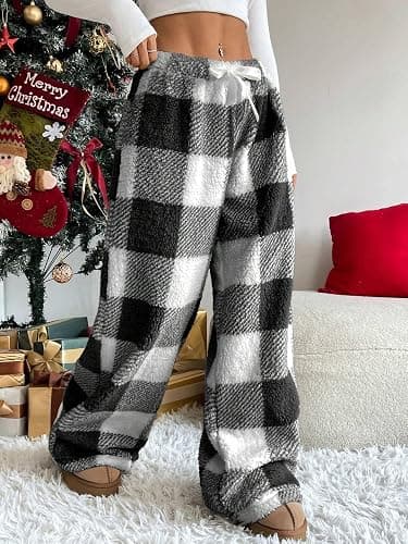 ZAFUL Women's Fuzzy Plush Pajama Pants Drawstring Elastic Waist Wide Leg Teddy Pj Bottoms Lounge Pants thumbnail 4