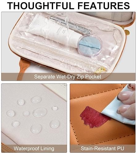 Bagstellar Travel Makeup Bag, Large Capacity Quilted Toiletry Bag for Women Stand-up Cosmetic Bag Open Flat Make Up Case Organizer Portable Pouch Purse w/Handle for Traveling Accessories, Camel thumbnail 8