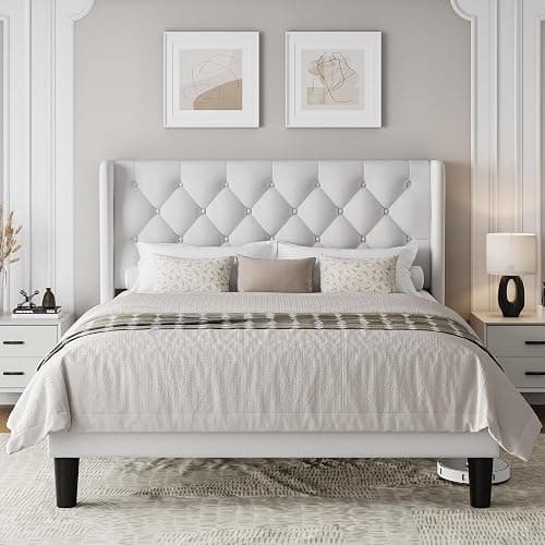 Einhomn Queen Size Upholstered Bed Frame with Wingback Headboard, Fabric Velvet Platform Bed, 8" Under Bed Storage, Wooden and Metal Slats Support, No Box Spring Needed, White thumbnail 8