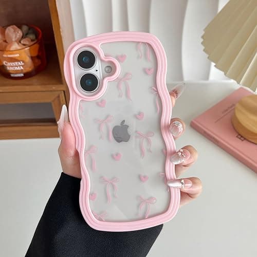ZTOFERA for iPhone 17 Case 6.3 inch,Cute Curly Wave Frame Shape Case with Heart Ribbon Bow Pattern, Clear Slim Shockproof Hard PC Bumper Phone Cover for Women Girls, Pink thumbnail 2