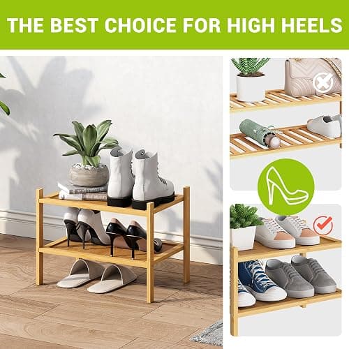 BMOSU 2-Tier Bamboo Small Shoe Rack Premium Stackable Shoe Shelf Storage Organizer for Hallway Closet Living Room Entryway Organizer(Natural) thumbnail 4