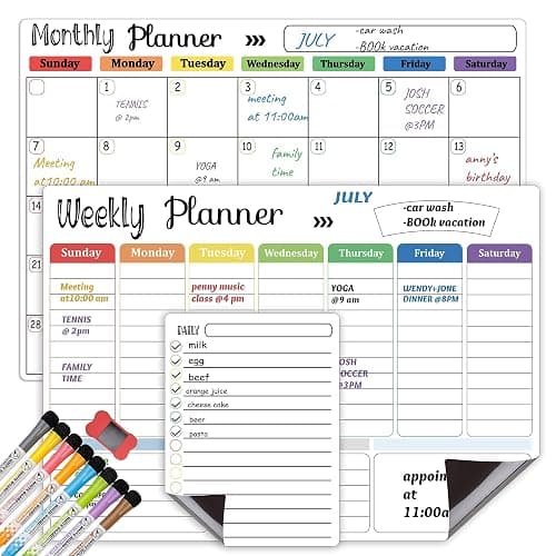 Hivillexun 3-Pack Magnetic Dry Erase Calendar Whiteboard Set for Fridge, Wall & Refrigerator Organisation – Monthly, Weekly & Daily Planners – Includes 8 Markers & Eraser thumbnail 6