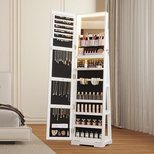 jajov 63" Mirror Jewelry Cabinet with Lights, 360° Swivel Frameless Full-Length Mirror Jewelry Armoire Organizer Standing, Rear Storage Shelves – White thumbnail 8