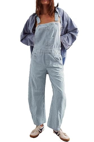 Kedera Women's Striped Bib Overall Barrel Casual Baggy Overall Pants Jumpsuits Adjustable Wide Leg Jumpsuits with Pockets - Image 1