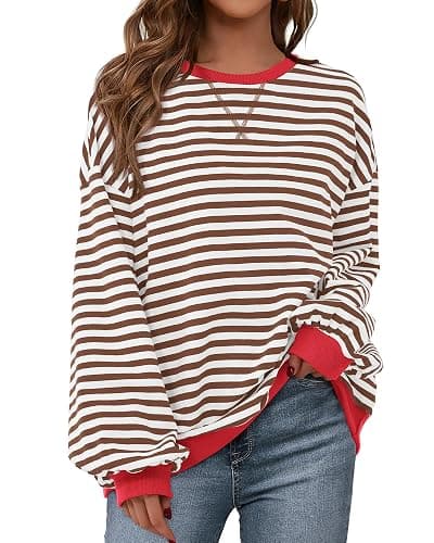 BTFBM Womens Oversized Striped Sweatshirt 2026 Spring Crewneck Long Sleeve Pullover Top Casual Y2K Clothes Workout Shirt - Image 1