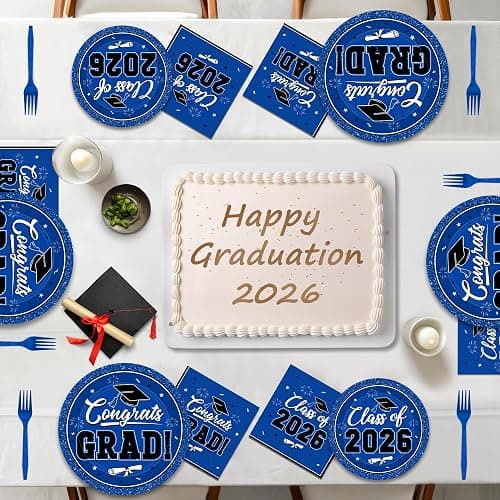 200Pcs Graduation Decorations 2026, Blue Graduation Plates and Napkins Party Supplies for 50 Guests, Disposable Grad Plates, Napkins, Dessert Plates and Forks for Grad Decor Wedding Birthday Supplies thumbnail 6
