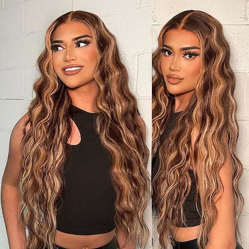 Hepnok 30 Inch Highlight Ombre Lace Front Wig Human Hair Honey Blonde Body Wave 13x6 HD Lace Front Wigs Human Hair Pre Plucked 200 Density Brown 4/27 Colored Lace Frontal Glueless Wigs for Women thumbnail 8