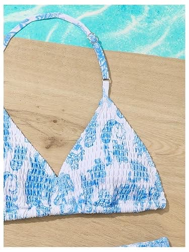 RoseSeek Girl's Tie Dye Smocked 2 Piece Swimwear Sets Backless Halter Bikini Cute Brief Bathing Suit thumbnail 3