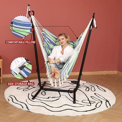 ZEYU Hammock Chair with Stand Double Hammock Chair Bohemian Style with Tassel Mobile Phone Support Manual Adjustable Swing Indoor and Outdoor Garden Porch with Floor mat Reclining Capacity 400 pounds thumbnail 2