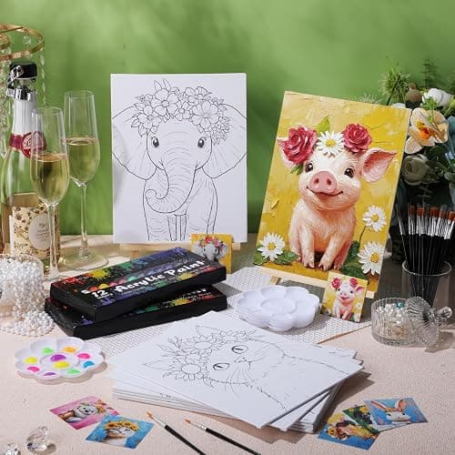 Cholemy 36 Pcs Paint and Sip Kit for Adults 8''x10'' Pre Drawn Canvas for Painting DIY Afro Acrylic Painting Kit Wood Easel Brushes Date Night Bulk for Christmas Party Gifts(Flower Animals) thumbnail 2